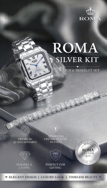 A high-end 9:16 vertical ad creative featuring a silver watch and crystal bracelet set, emphasizing elegance and gifting appeal through a structured, clean layout.